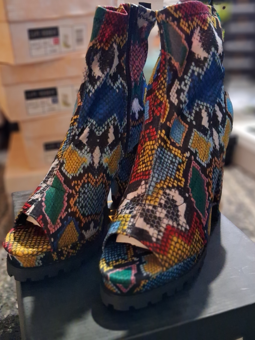 So Me Multicolor Snake-Print Peep-Toe Heeled Ankle Boots